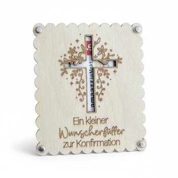 Holzkarte zur Konfirmation oder Kommunion mit eingelegtem Geldschein als Geschenkidee.